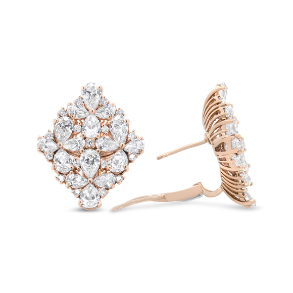 18K Rose Gold 8 1/3 Carat Pear and Round Diamond Floral Cluster Omega Earrings - Picture 4 of 7
